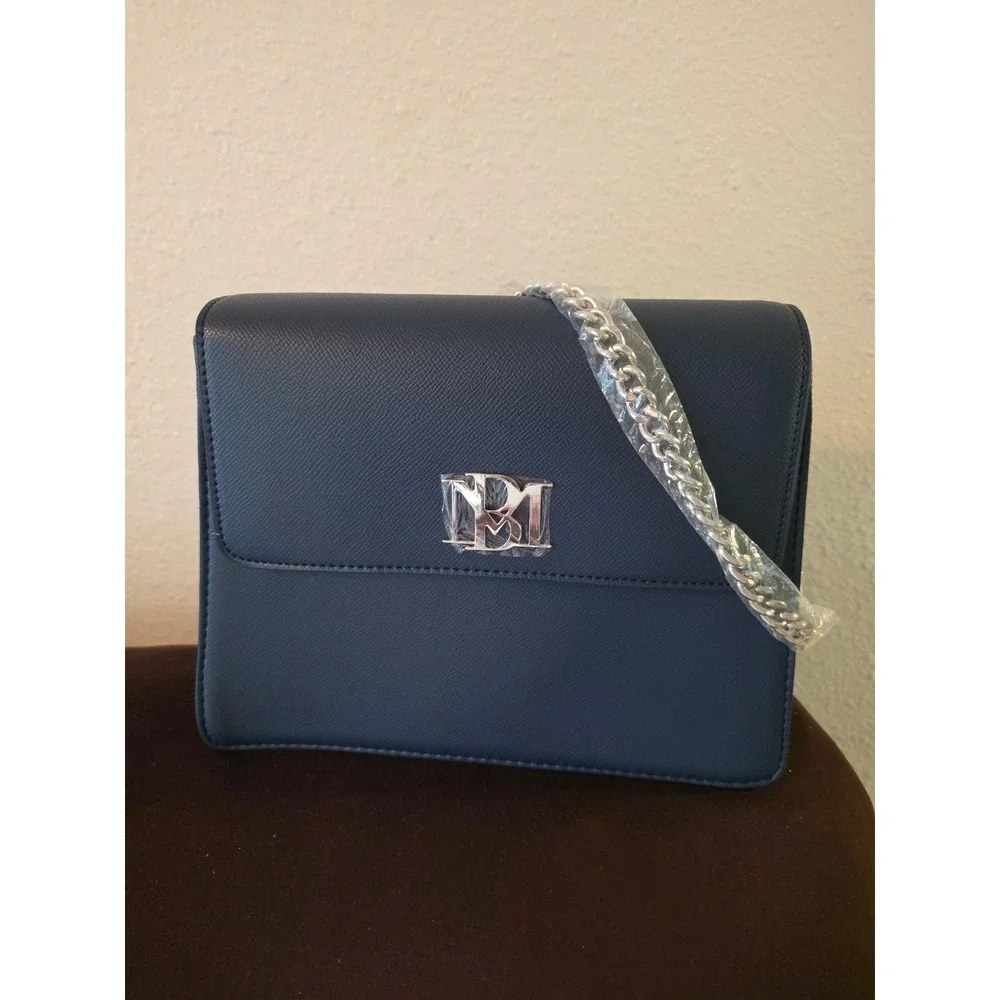 Badgley Mischka Navy Blue Saffiano Crossbody Bag Silver Chain Strap BM Logo NEW